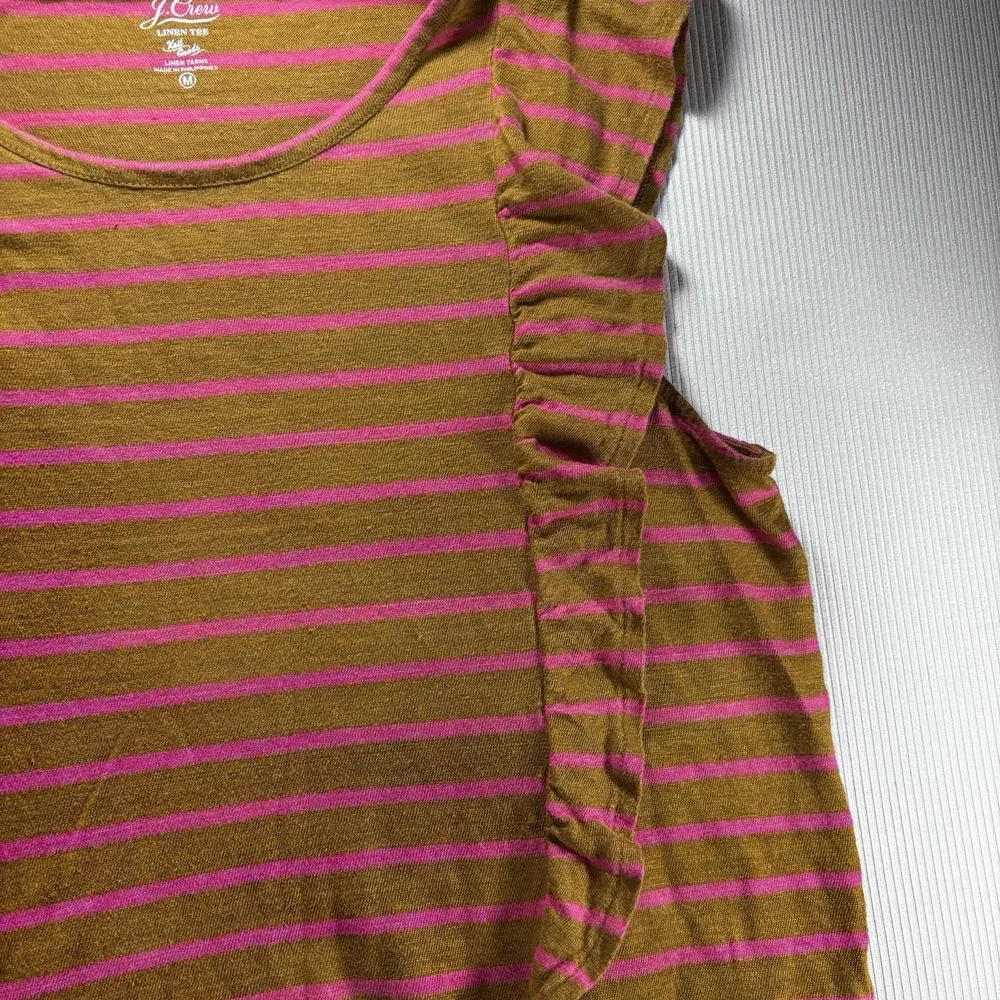 J. Crew‎ Women's Brown/Pink  Stripe 100% Linen  Ruffled Tank Top Medium